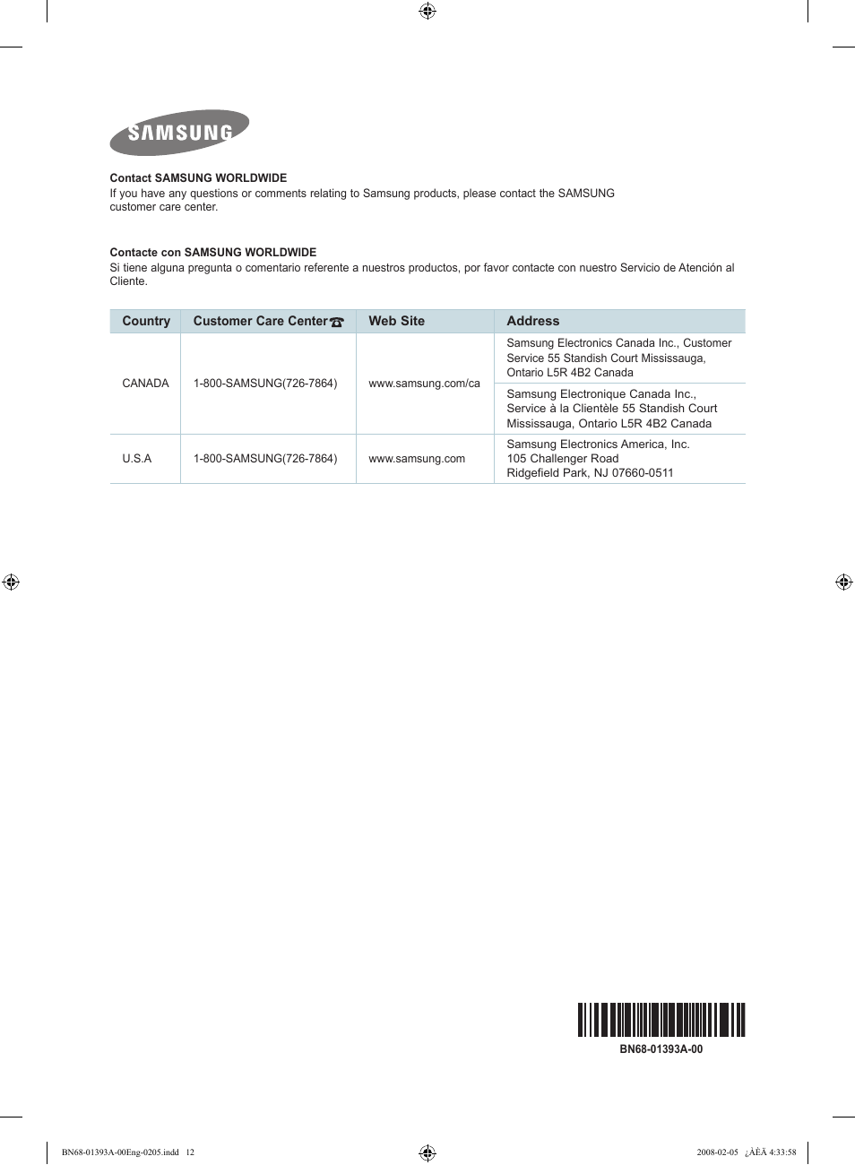 Samsung LN37A550P3FXZA User Manual | Page 12 / 12