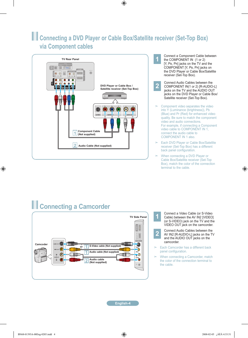 Connecting a camcorder | Samsung LN37A550P3FXZA User Manual | Page 4 / 12