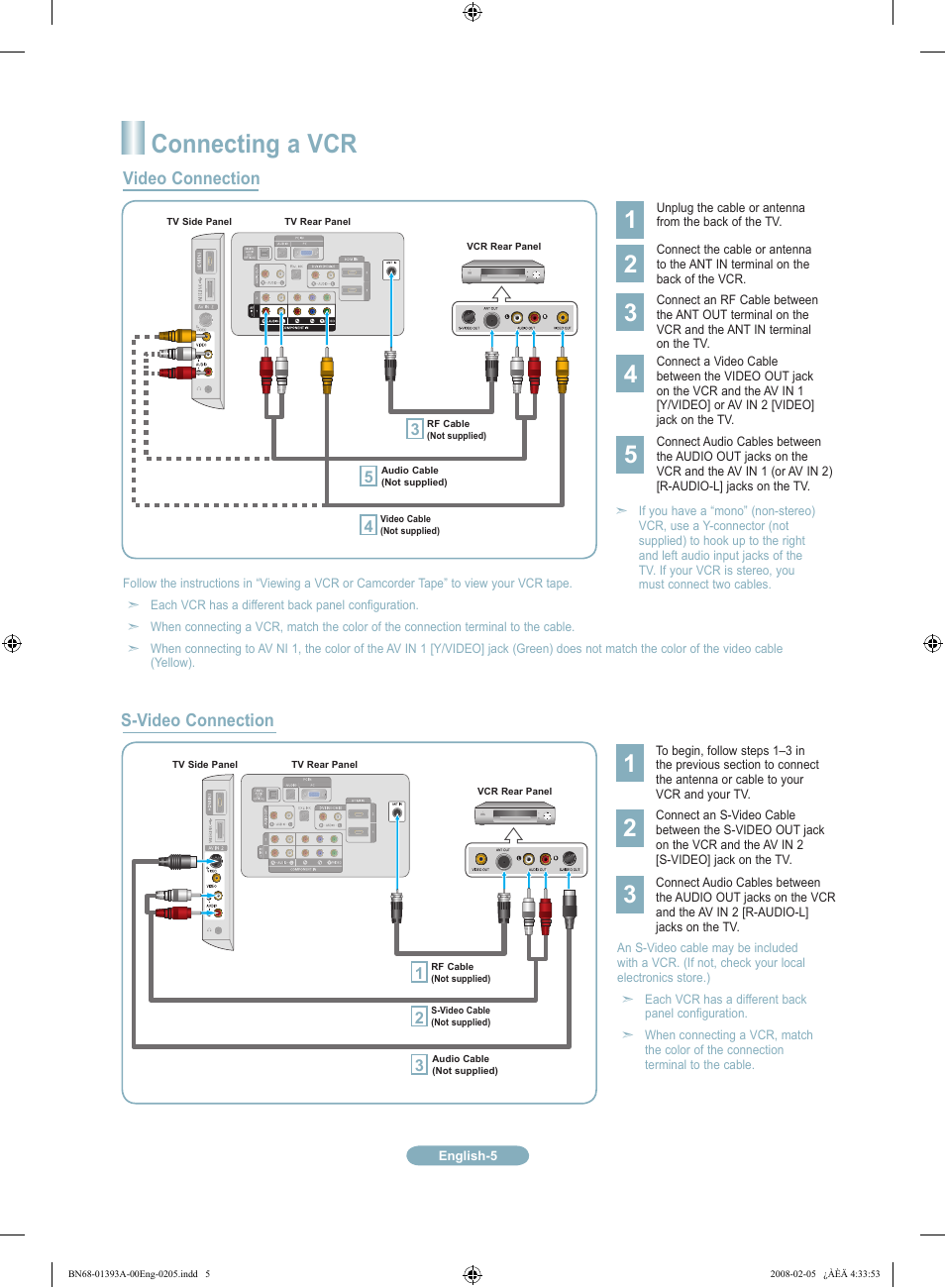 Connecting a vcr, Video connection s-video connection | Samsung LN37A550P3FXZA User Manual | Page 5 / 12