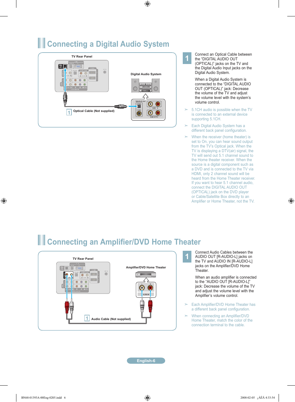 Connecting a digital audio system, Connecting an amplifier/dvd home theater | Samsung LN37A550P3FXZA User Manual | Page 6 / 12