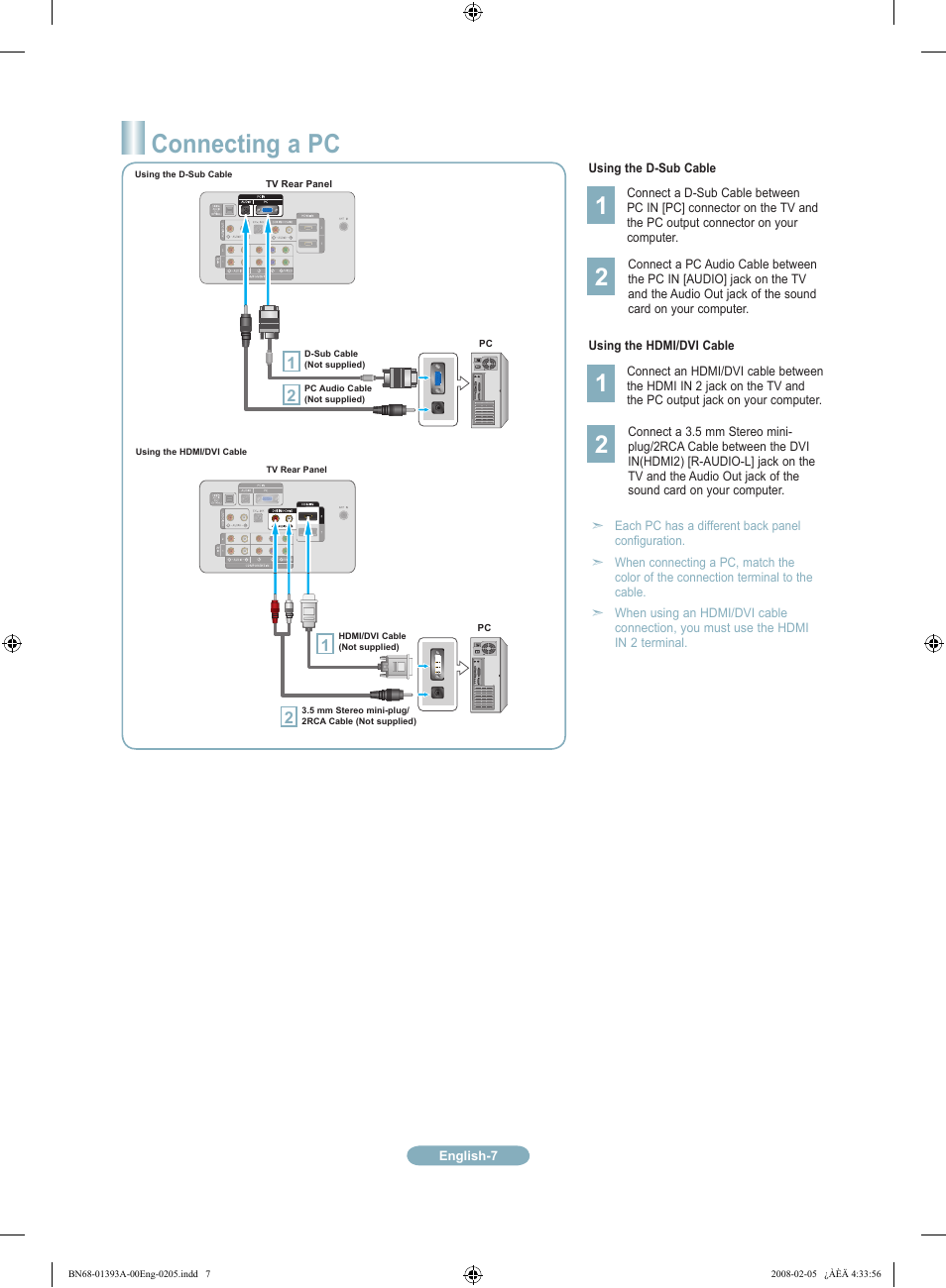 Connecting a pc | Samsung LN37A550P3FXZA User Manual | Page 7 / 12