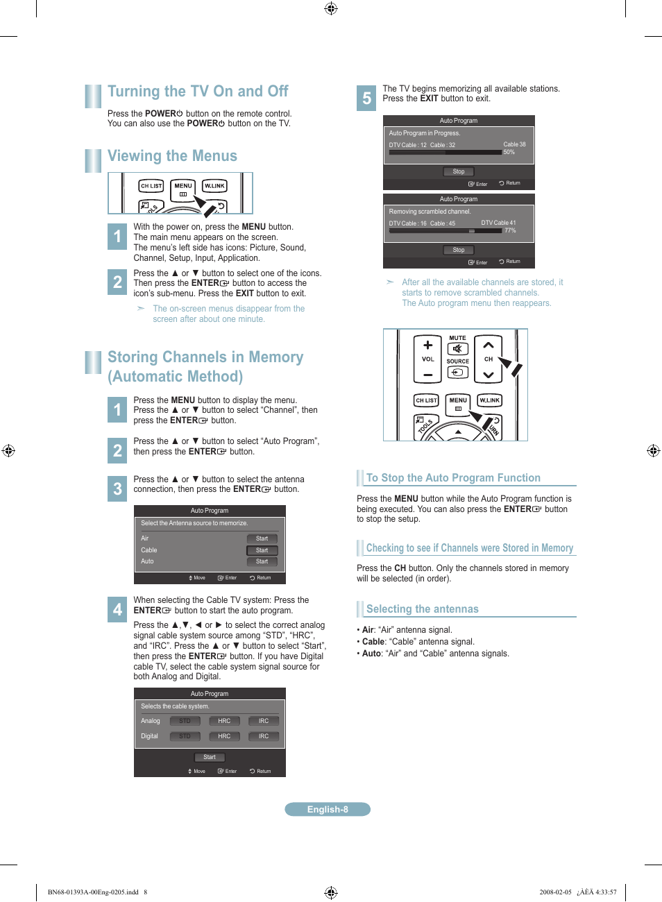 Turning the tv on and off, Viewing the menus, Selecting the antennas | Samsung LN37A550P3FXZA User Manual | Page 8 / 12
