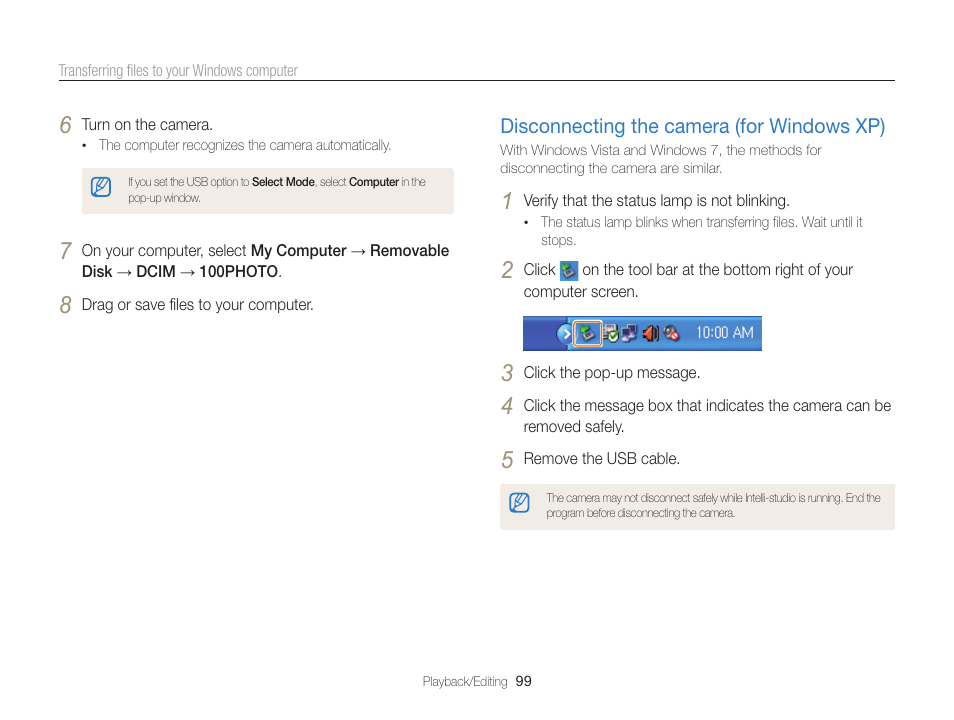 Disconnecting the camera (for windows xp) | Samsung EC-ST200FBPBCA User Manual | Page 100 / 163