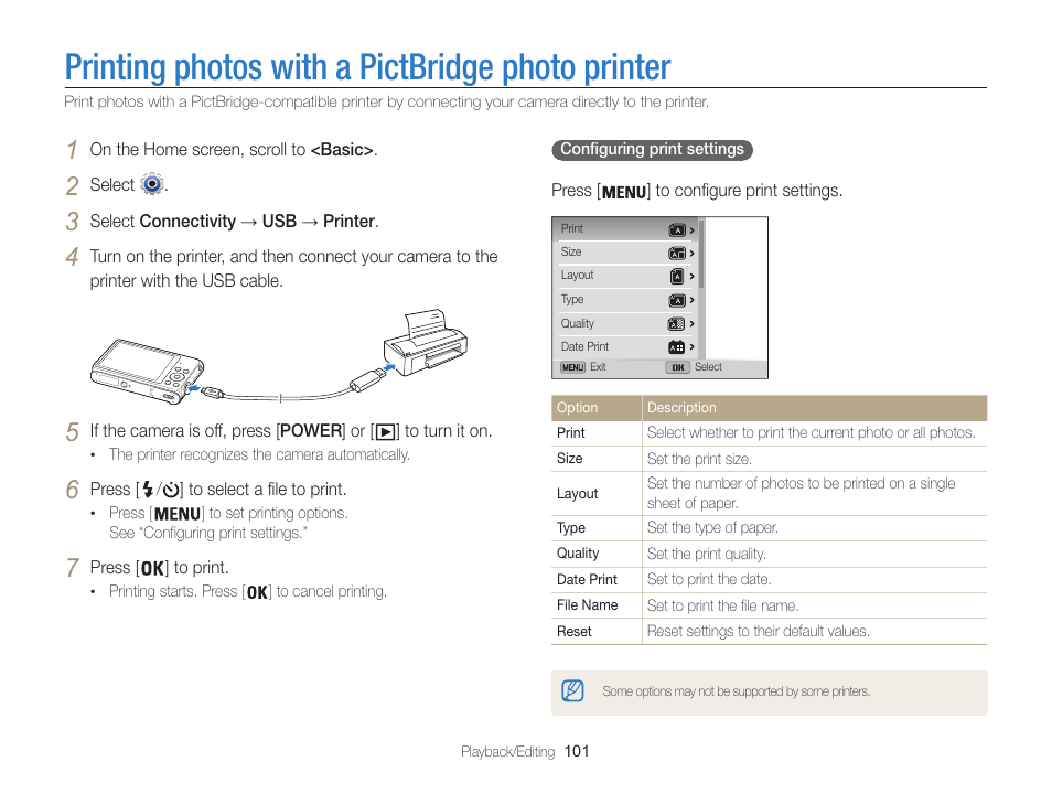 Printing photos with a pictbridge photo printer | Samsung EC-ST200FBPBCA User Manual | Page 102 / 163