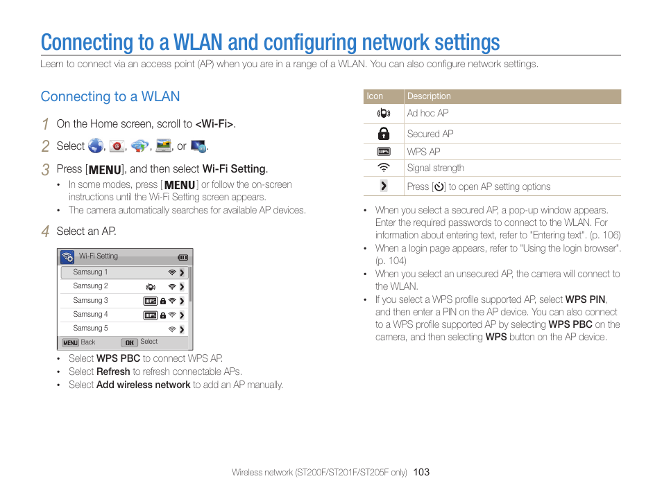 Connecting to a wlan, Connecting to a wlan and configuring network, Settings | Connecting to a wlan ………………… 103 | Samsung EC-ST200FBPBCA User Manual | Page 104 / 163