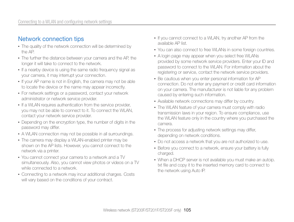 Network connection tips, Network connection tips ……………… 105 | Samsung EC-ST200FBPBCA User Manual | Page 106 / 163