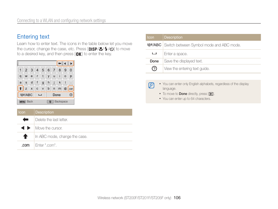 Entering text, Entering text …………………………… 106 | Samsung EC-ST200FBPBCA User Manual | Page 107 / 163