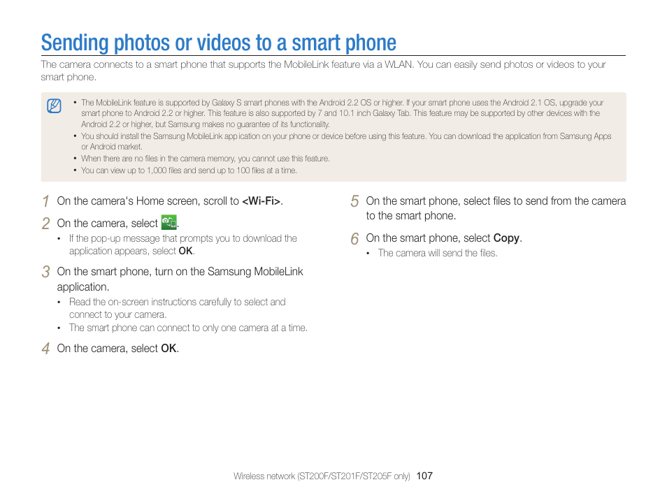 Sending photos or videos to a smart phone | Samsung EC-ST200FBPBCA User Manual | Page 108 / 163