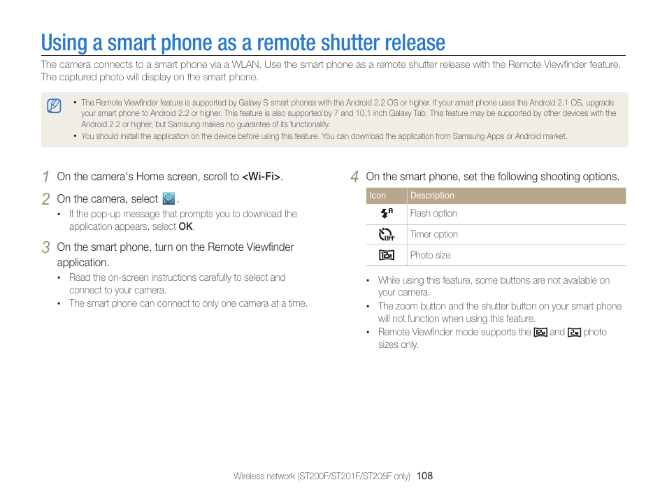 Using a smart phone as a remote shutter release | Samsung EC-ST200FBPBCA User Manual | Page 109 / 163