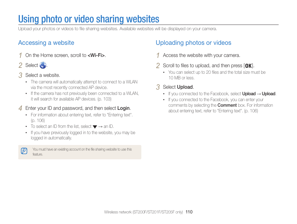 Using photo or video sharing websites, Accessing a website, Uploading photos or videos | Samsung EC-ST200FBPBCA User Manual | Page 111 / 163
