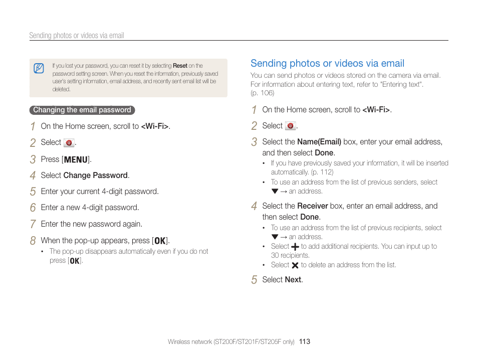 Sending photos or videos via email, Sending photos or videos via email …… 113 | Samsung EC-ST200FBPBCA User Manual | Page 114 / 163