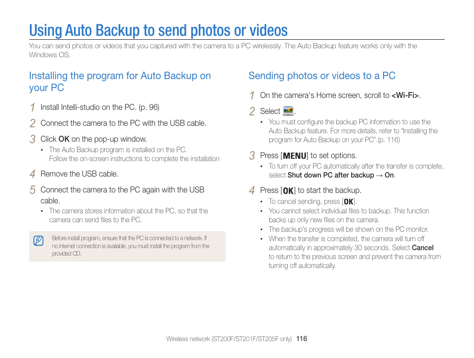 Using auto backup to send photos or videos, Installing the program for auto backup on your pc, Sending photos or videos to a pc | Samsung EC-ST200FBPBCA User Manual | Page 117 / 163