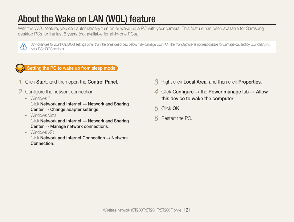 About the wake on lan (wol) feature | Samsung EC-ST200FBPBCA User Manual | Page 122 / 163