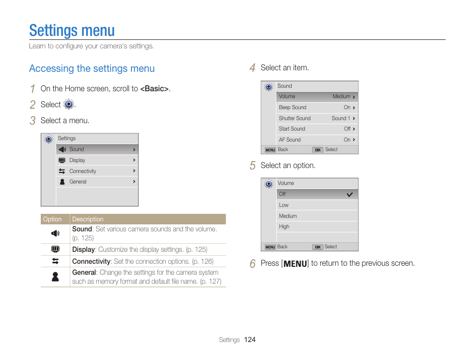 Settings menu, Accessing the settings menu, Accessing the settings menu ……………………… 124 | Samsung EC-ST200FBPBCA User Manual | Page 125 / 163
