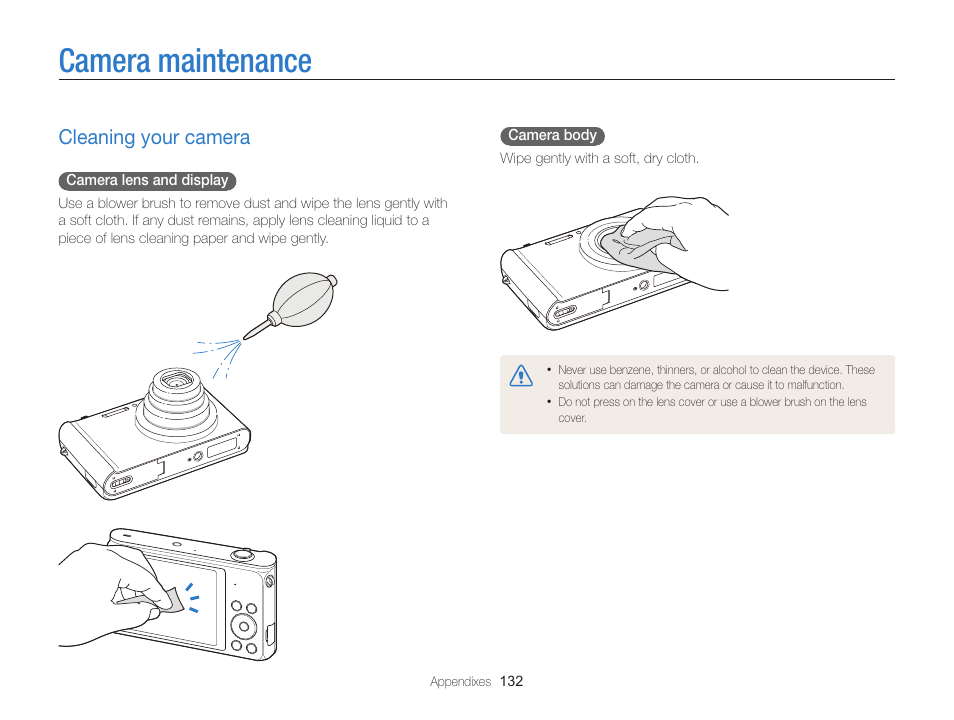 Camera maintenance, Cleaning your camera, Cleaning your camera ……………………………… 132 | Samsung EC-ST200FBPBCA User Manual | Page 133 / 163
