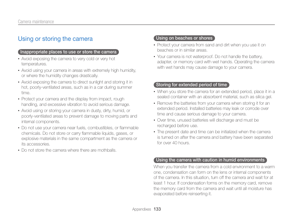 Using or storing the camera, Using or storing the camera ………………………… 133 | Samsung EC-ST200FBPBCA User Manual | Page 134 / 163