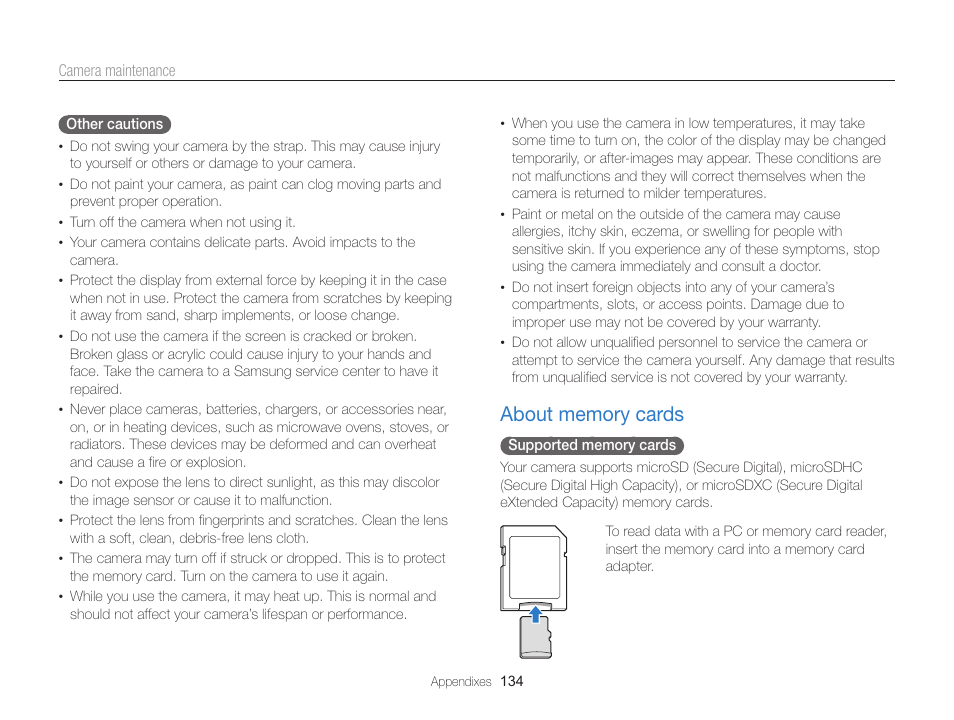 About memory cards, About memory cards ……………………………… 134 | Samsung EC-ST200FBPBCA User Manual | Page 135 / 163