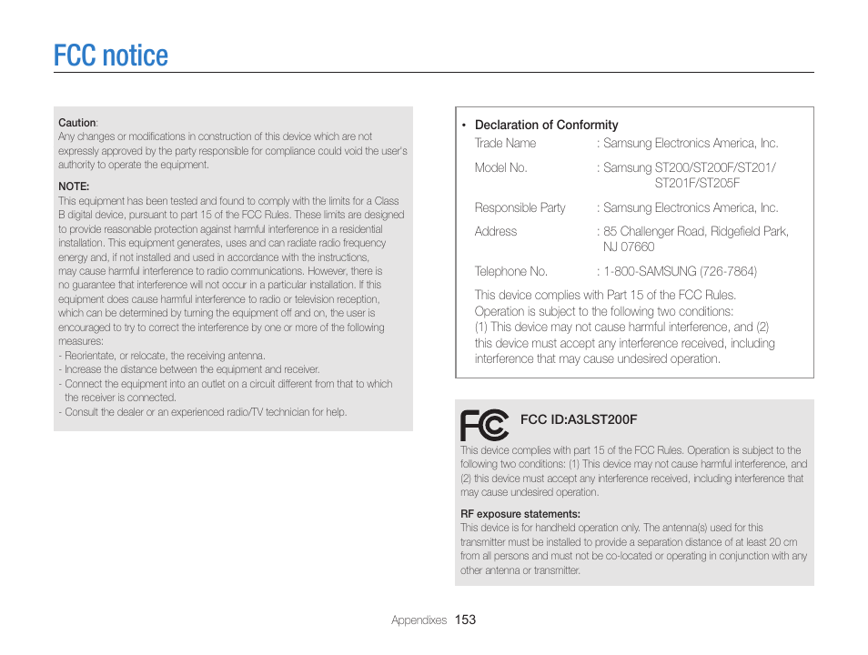 Fcc notice | Samsung EC-ST200FBPBCA User Manual | Page 154 / 163