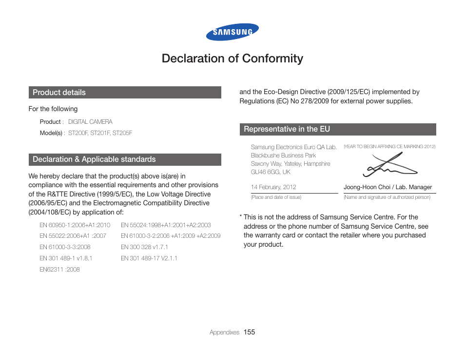 Declaration of conformity | Samsung EC-ST200FBPBCA User Manual | Page 156 / 163