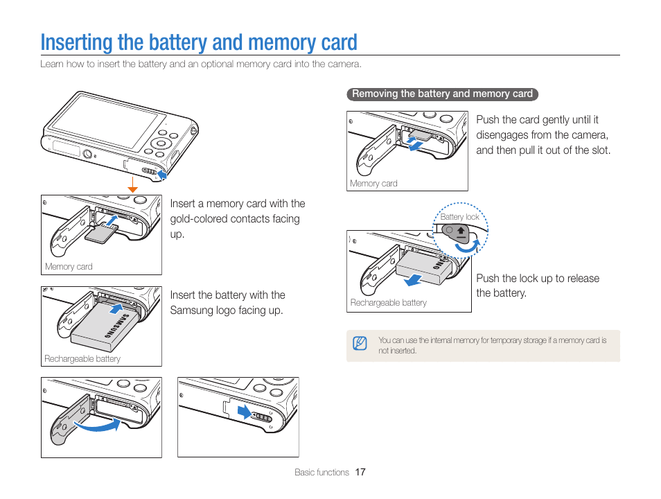 Inserting the battery and memory card | Samsung EC-ST200FBPBCA User Manual | Page 18 / 163