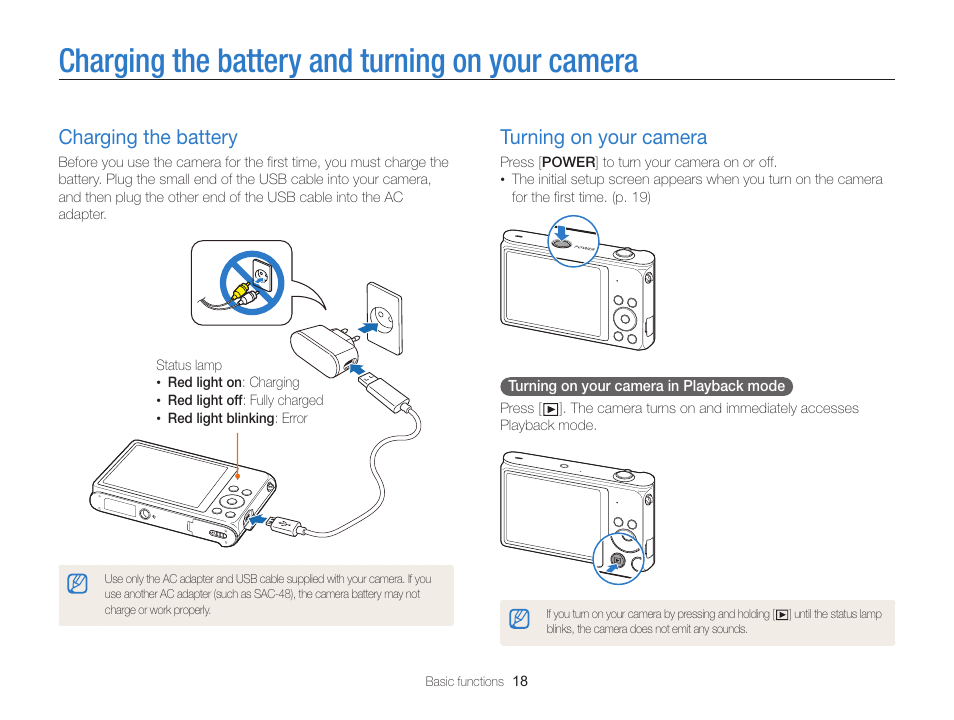 Charging the battery and turning on your camera, Charging the battery, Turning on your camera | Samsung EC-ST200FBPBCA User Manual | Page 19 / 163