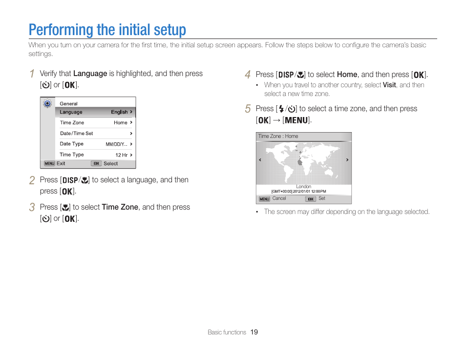 Performing the initial setup | Samsung EC-ST200FBPBCA User Manual | Page 20 / 163