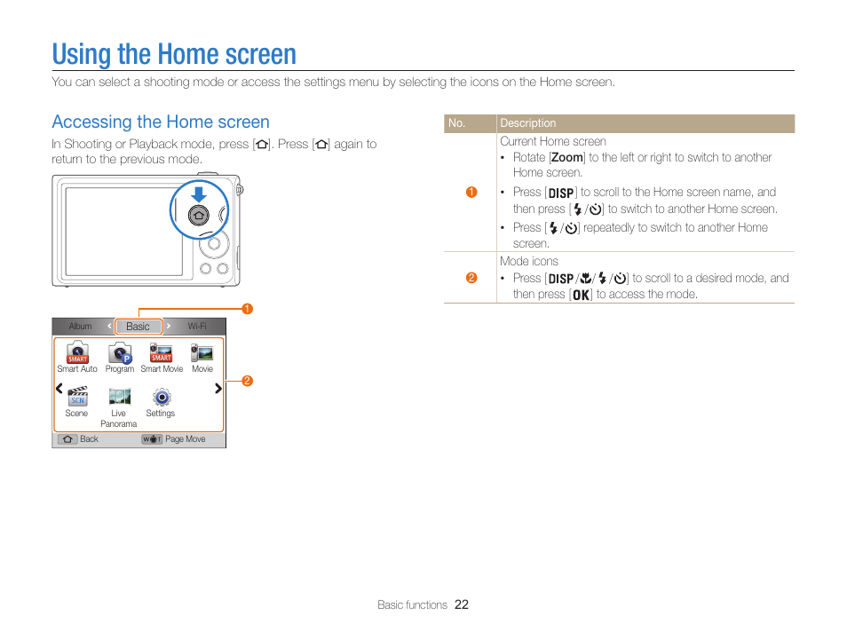 Using the home screen, Accessing the home screen, Accessing the home screen ……………… 22 | Samsung EC-ST200FBPBCA User Manual | Page 23 / 163