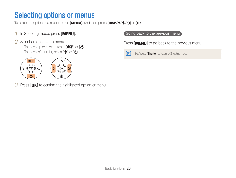 Selecting options or menus | Samsung EC-ST200FBPBCA User Manual | Page 27 / 163