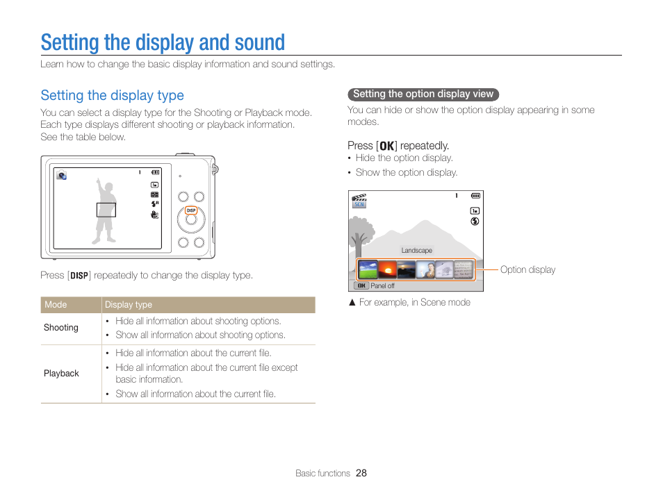 Setting the display and sound, Setting the display type, Setting the display type …………………… 28 | Samsung EC-ST200FBPBCA User Manual | Page 29 / 163