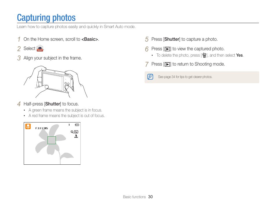 Capturing photos | Samsung EC-ST200FBPBCA User Manual | Page 31 / 163
