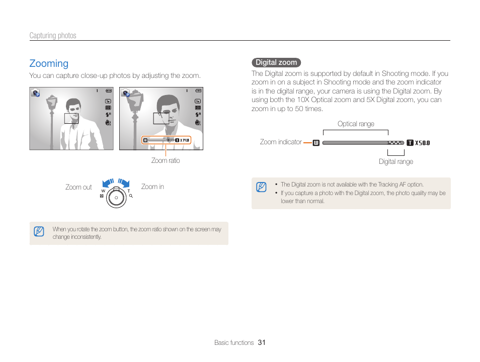 Zooming, Zooming ………………………………… 31 | Samsung EC-ST200FBPBCA User Manual | Page 32 / 163