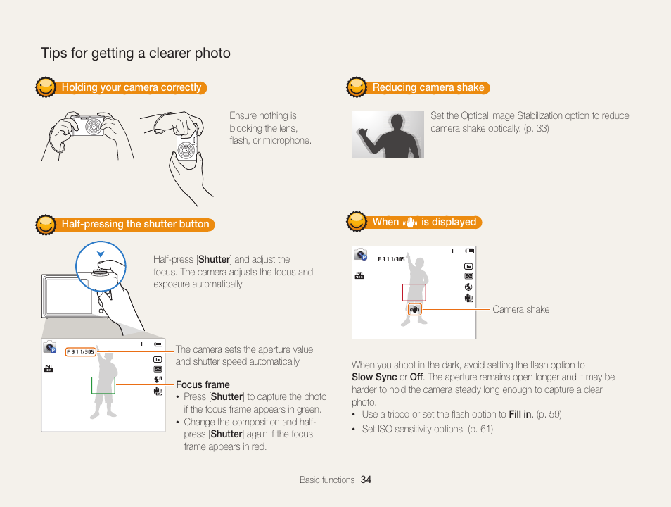 Tips for getting a clearer photo, To ensure the subject is focused. (p. 34) | Samsung EC-ST200FBPBCA User Manual | Page 35 / 163