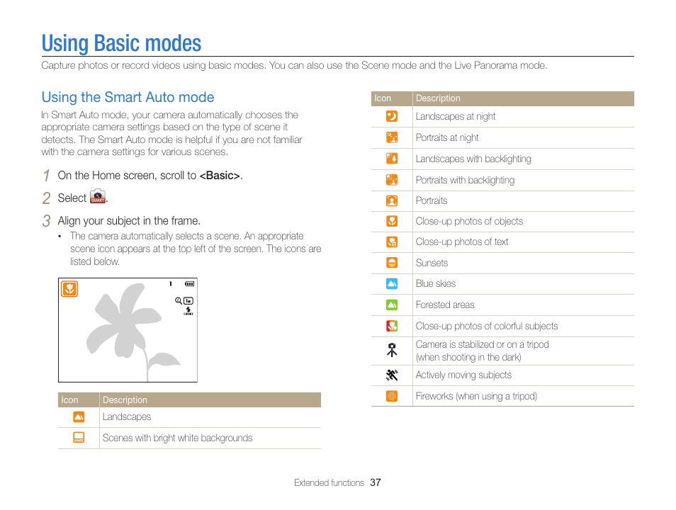 Using basic modes, Using the smart auto mode, Using the smart auto mode ……………… 37 | Samsung EC-ST200FBPBCA User Manual | Page 38 / 163