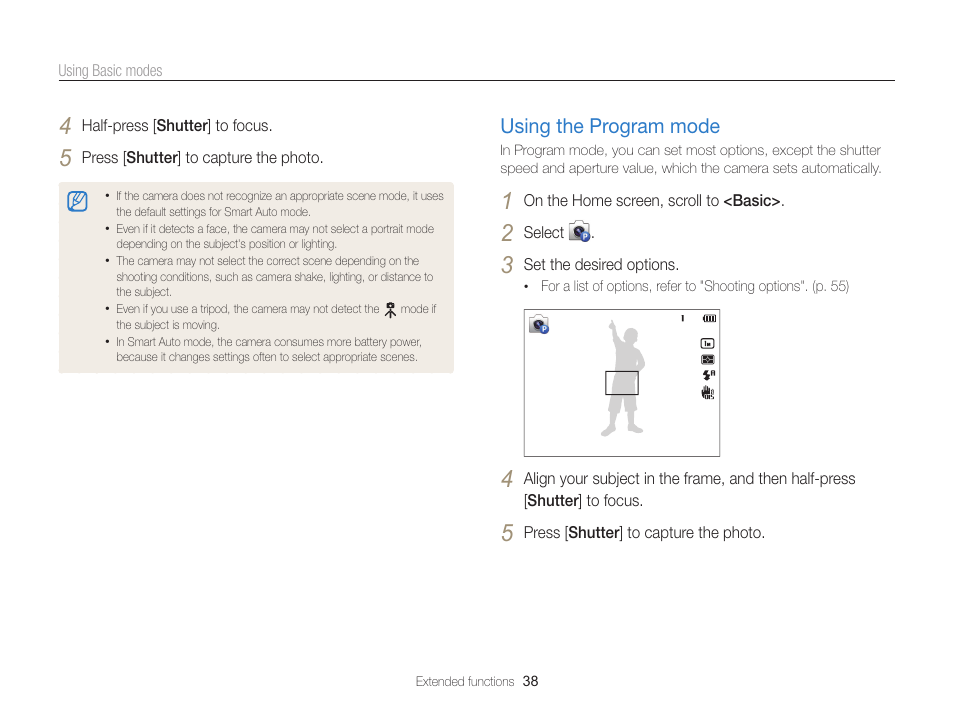 Using the program mode, Using the program mode ………………… 38 | Samsung EC-ST200FBPBCA User Manual | Page 39 / 163