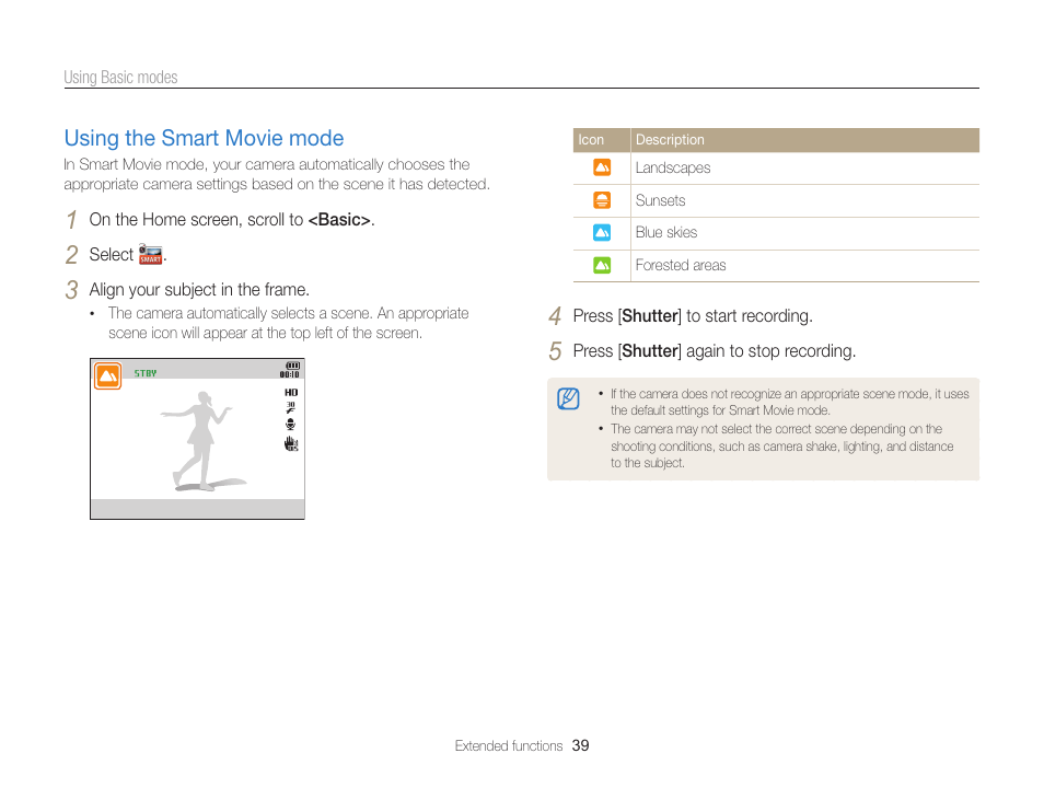 Using the smart movie mode, Using the smart movie mode …………… 39 | Samsung EC-ST200FBPBCA User Manual | Page 40 / 163