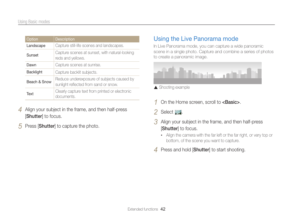 Using the live panorama mode, Using the live panorama mode ………… 42 | Samsung EC-ST200FBPBCA User Manual | Page 43 / 163