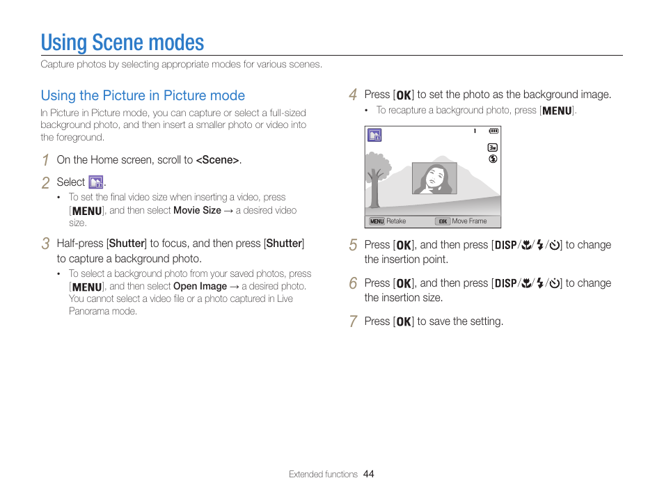 Using scene modes, Using the picture in picture mode, Using the picture in picture mode ………… 44 | Samsung EC-ST200FBPBCA User Manual | Page 45 / 163