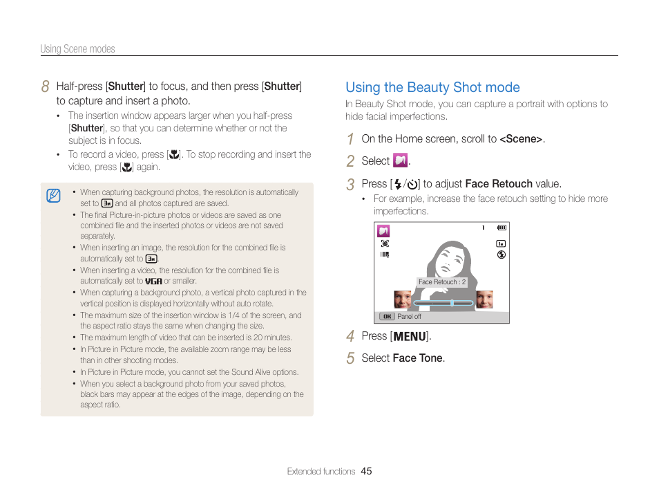 Using the beauty shot mode, Using the beauty shot mode …………… 45 | Samsung EC-ST200FBPBCA User Manual | Page 46 / 163