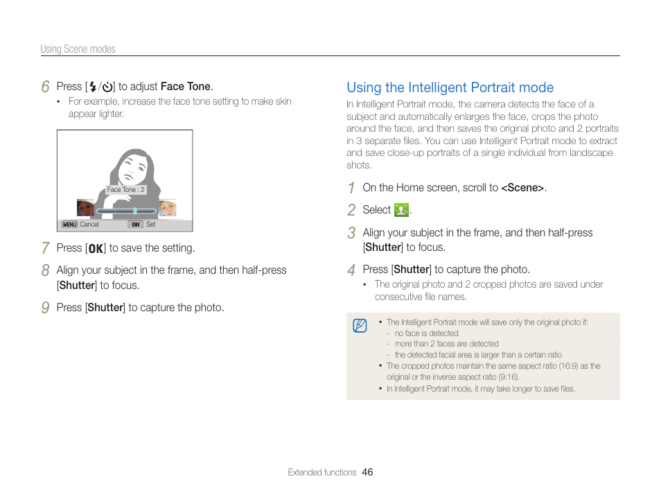 Using the intelligent portrait mode, Using the intelligent portrait mode ……… 46 | Samsung EC-ST200FBPBCA User Manual | Page 47 / 163