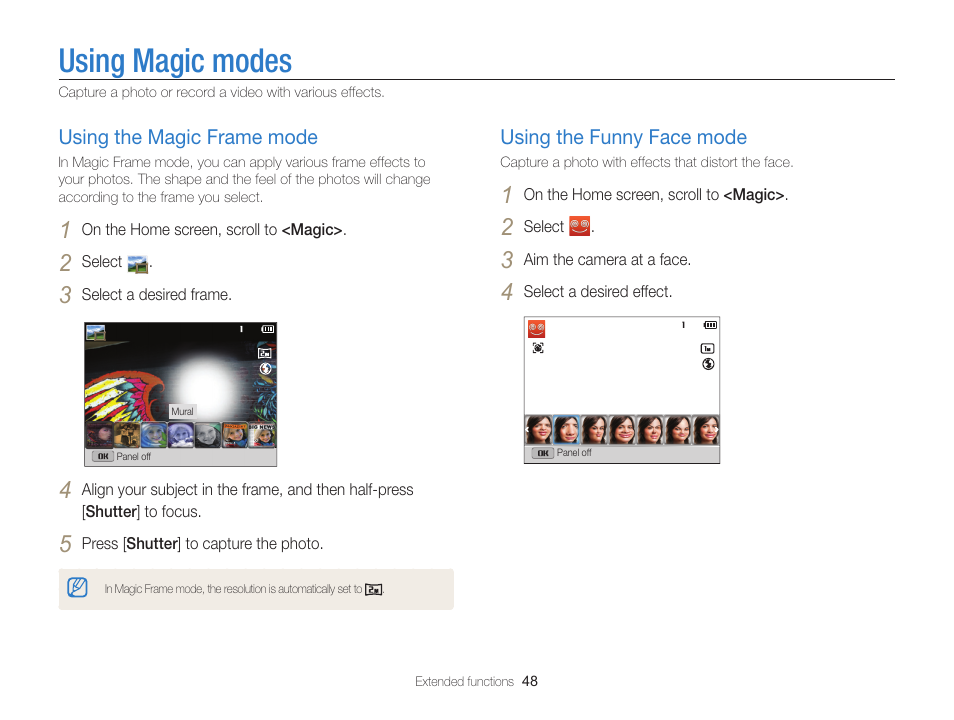 Using magic modes, Using the magic frame mode, Using the funny face mode | Samsung EC-ST200FBPBCA User Manual | Page 49 / 163