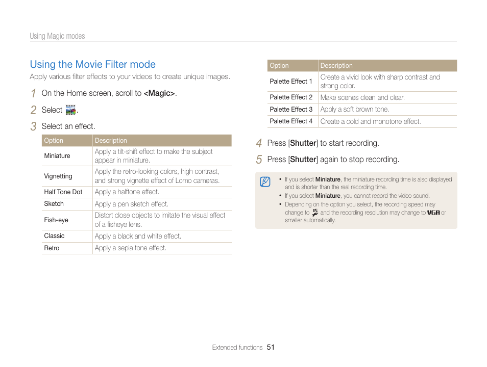 Using the movie filter mode, Using the movie filter mode ……………… 51 | Samsung EC-ST200FBPBCA User Manual | Page 52 / 163