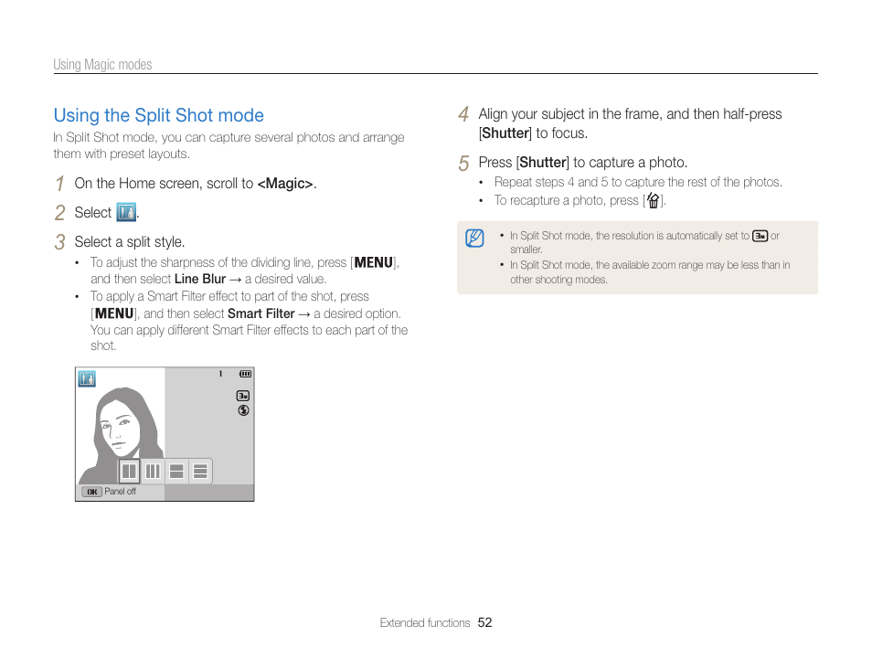 Using the split shot mode, Using the split shot mode ……………… 52 | Samsung EC-ST200FBPBCA User Manual | Page 53 / 163