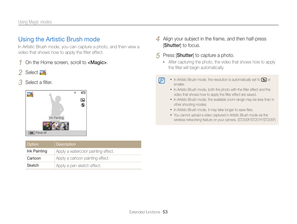 Using the artistic brush mode, Using the artistic brush mode …………… 53 | Samsung EC-ST200FBPBCA User Manual | Page 54 / 163