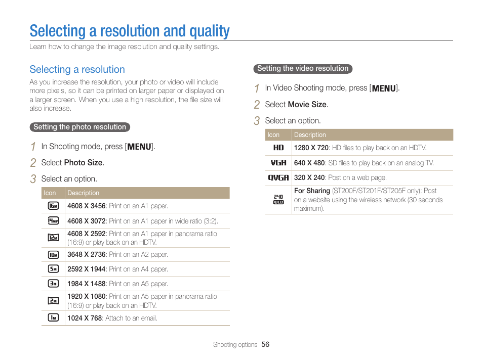 Selecting a resolution and quality, Selecting a resolution, Selecting a resolution …………………… 56 | Samsung EC-ST200FBPBCA User Manual | Page 57 / 163