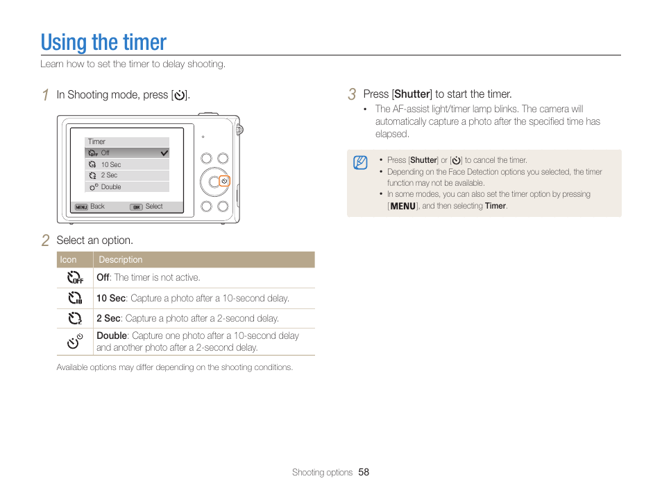 Using the timer | Samsung EC-ST200FBPBCA User Manual | Page 59 / 163