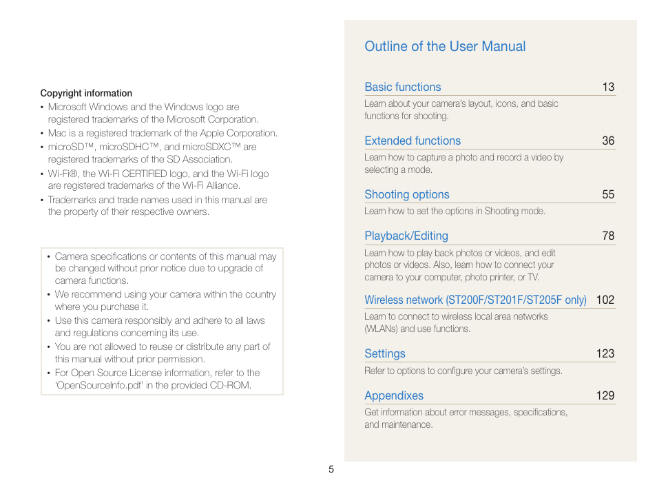 Outline of the user manual | Samsung EC-ST200FBPBCA User Manual | Page 6 / 163