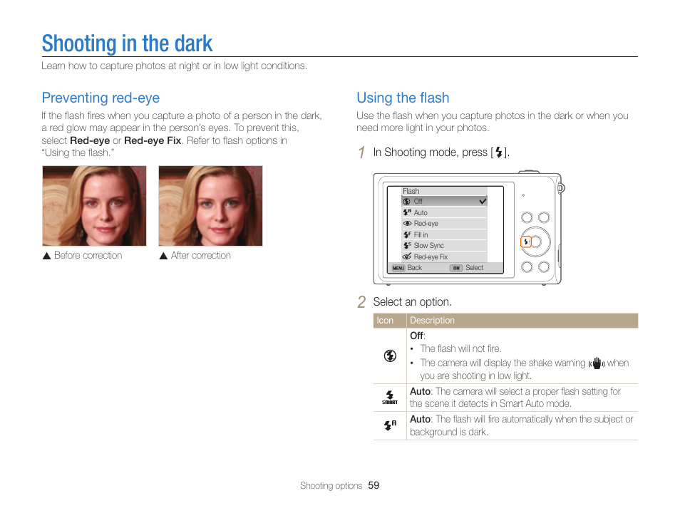 Shooting in the dark, Preventing red-eye, Using the flash | P. 59), Urn on the flash. (p. 59) | Samsung EC-ST200FBPBCA User Manual | Page 60 / 163