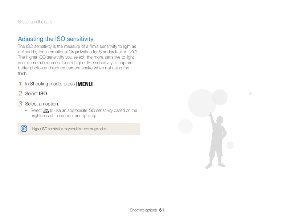 Adjusting the iso sensitivity, Set iso sensitivity options. (p. 61), Adjusting the iso sensitivity ……………… 61 | Samsung EC-ST200FBPBCA User Manual | Page 62 / 163