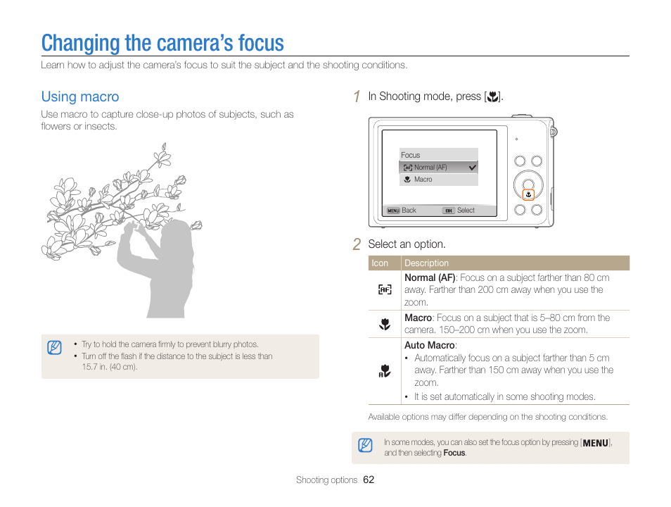 Changing the camera’s focus, Using macro, Using macro ……………………………… 62 | Samsung EC-ST200FBPBCA User Manual | Page 63 / 163