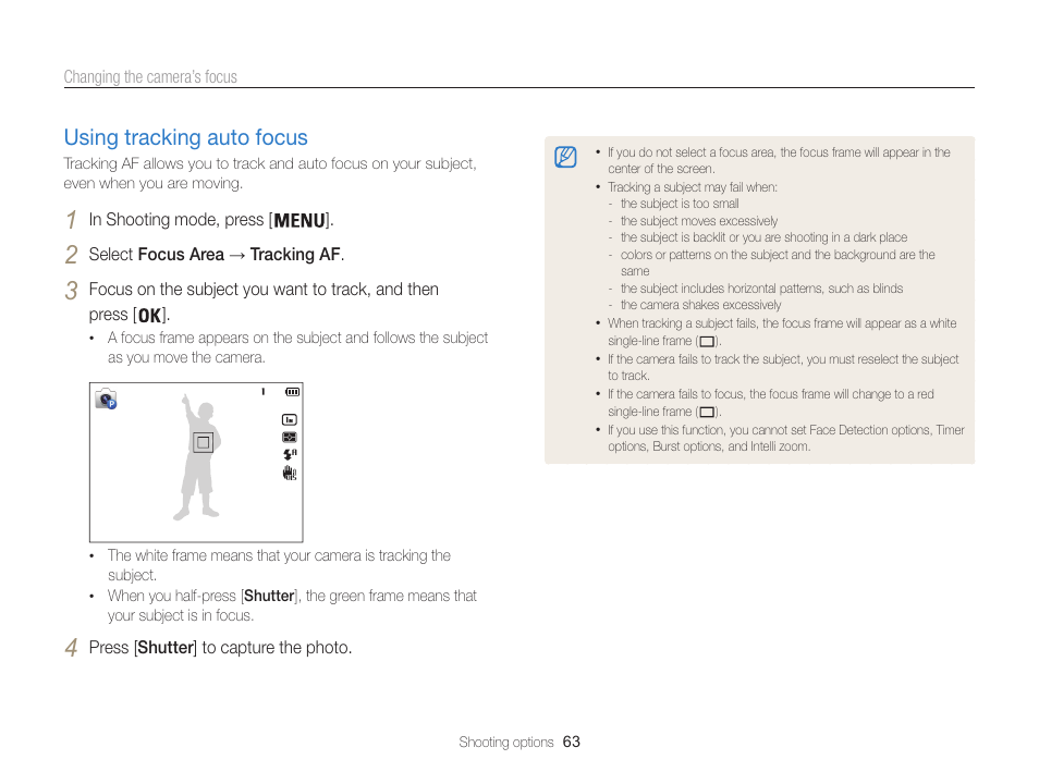 Using tracking auto focus, Using tracking auto focus ………………… 63 | Samsung EC-ST200FBPBCA User Manual | Page 64 / 163